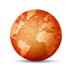 Dry and cracked world globe isolated on white background. Global warming symbol