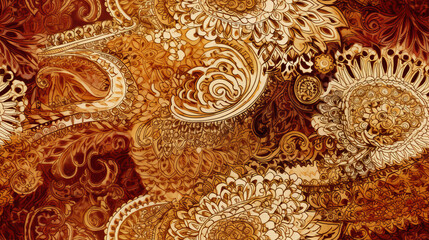 Seamless pattern background inspired by traditional Indian henna designs with warm earth tones delicate floral patterns and geometric shapes