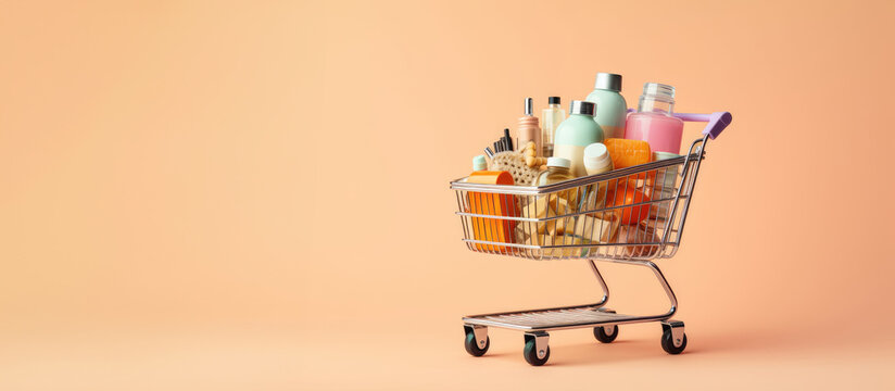 Banner with an image of a shopping cart with cosmetic products. Concept of shopping. Generated by AI.