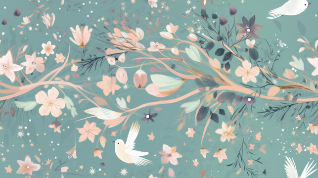 Seamless pattern background inspired by the whimsical and enchanting world of fairy tales with pale tones flowers and forest animal