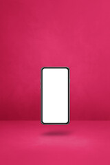 Floating smartphone isolated on pink. Vertical background
