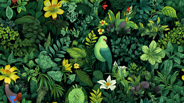 Fototapeta Seamless pattern background influenced by the organic forms and vibrant colors of tropical rainforests with colourful birds and flowers