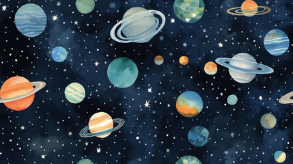 Seamless pattern background inspired by the beauty of celestial bodies and outer space with vast expanse of the night sky and foreign planet
