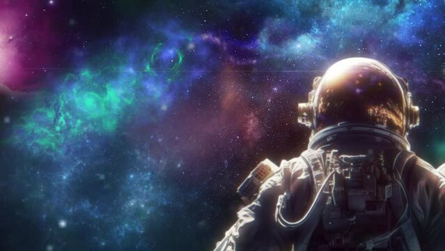 Astronaut with nebula and galaxies in space. Milky way with galaxy stars and space dust in universe. Blue stanfield abstract background. Cosmonaut in deep cosmos at night. Cyber punk aesthetics art