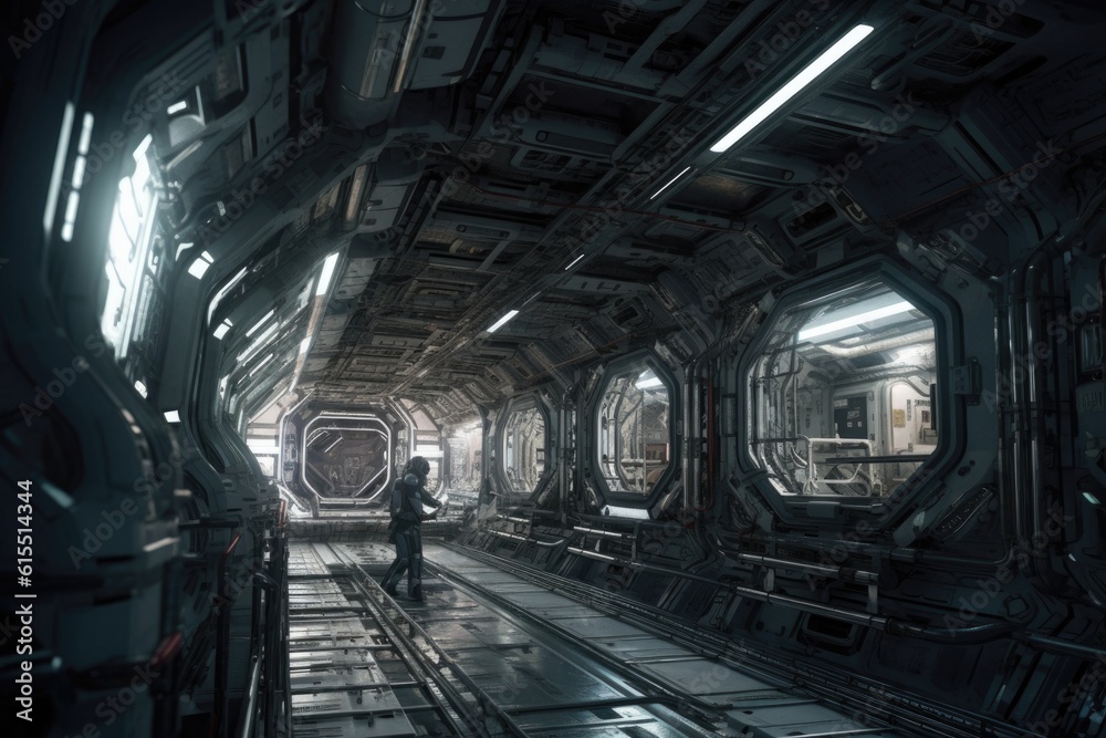 Canvas Prints space station, with alien commuters walking to their destinations, created with generative ai