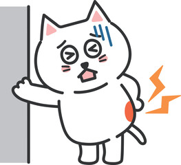 White cartoon cat has a strained back, vector illustration.
