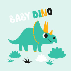 Cute baby dino children doodle print, vector illustration. Good for T-shirt print, poster, card.
