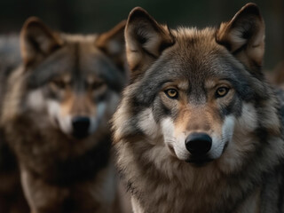 Fototapeta premium Portrait of a wolf against the background of other wolves, close-up. Generative AI