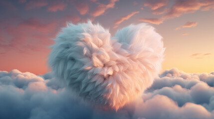 Soft white heart floating in the sky among clouds. Generative Ai.