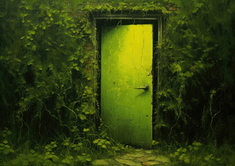 The old vintage wood green door, overgrown with plants, resembles a mysterious mystery detective.
