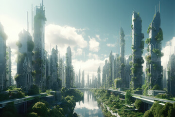 futuristic city skyline focused on sustainability, generative AI
