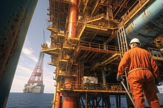 Oil rig worker, overlooking oil offshore platform