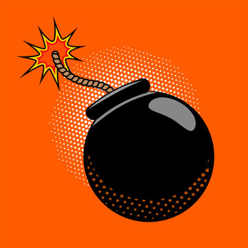 Cartoon bomb with fire in pop art style. Design element in vector.
