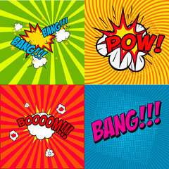 Set of comic style phrases Pow!, Bang!!! Booooom!!! Vector design elements. Pop art style phrases