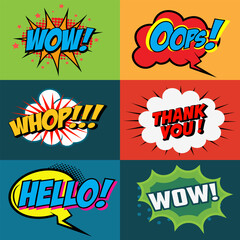 Set of comic style phrases on colorful background. Pop art style phrases set. Wow! Oops! Whop!  Design element for poster, flyer. Vector design element.
