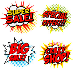 Set of Special Offer!!! Super Sale! Crazy SHOP! Big Sale! phrases in comic style. Vector design elements collection.