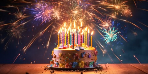 Birthday cake with candles and fireworks, concept of Birthday celebration, created with Generative AI technology