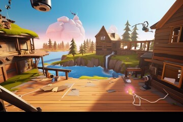 Fototapeta premium Cute and adorable empty 3D cartoon-style background of a town