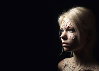 Dermatology cosmetics image of a beautiful girl face with cracked dry skin in need for moisture cream, copy space on black background