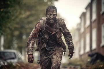 Scary Dead Zombie Running Toward the Camera Outdoors generative AI