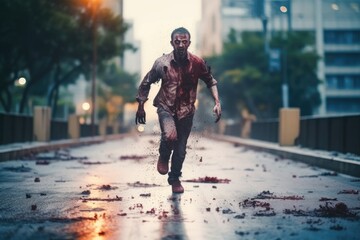 Scary Dead Zombie Running Toward the Camera Outdoors generative AI - obrazy, fototapety, plakaty