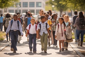 An environmental shot capturing the bustling energy of a schoolyard. Students of varying age ranges, excitedly mingling before school starts. Generative AI