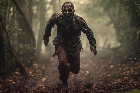 Scary Dead Zombie Running Toward the Camera Outdoors generative AI