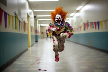 Clown Zombie Running in Hospital Corridor generative AI