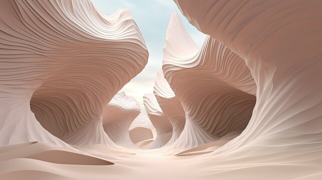 Landscape of fictional sculptures and buildings in desert.
