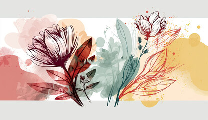 botanical watercolor design with flowers and leaves, floral background, ai generative