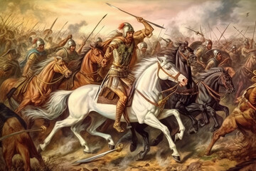 Illustration of Alexander the Great riding horseback, wielding a sword mid-battle. Medieval warfare artwork of an ancient Greek king and warrior leading his military troops in battle