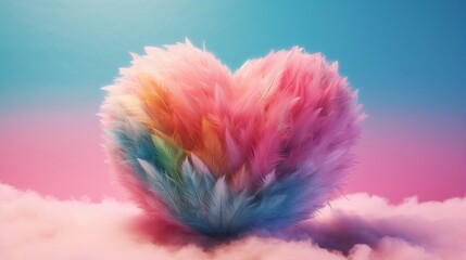 Big heart made with colored feathers of rainbow colors. Generative Ai.