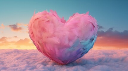 Big heart made with colored feathers of rainbow colors. Generative Ai.