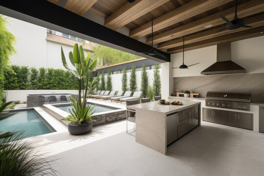 Stylish Outdoor Living Space With A Modern Outdoor Kitchen, Comfortable Seating, And A Large Pool