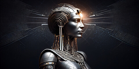 Portrait of an Egyptian pharaoh, in profile, in a space style, close-up and against a dark background. Generative AI