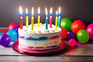 Colorful birthday cake with candles and balloons.