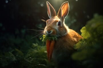 Rabbit eats a carrot on green grass. Easter bunny. Generative ai image.
