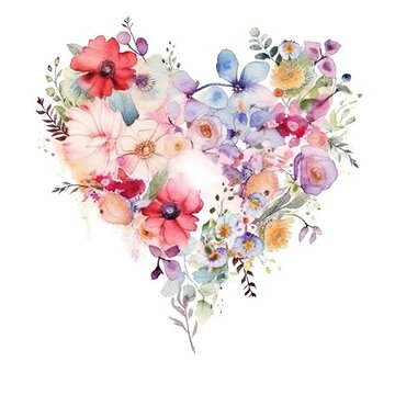 botanical watercolor heart design with flowers and leaves, floral background, ai generative