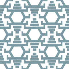Fototapeta premium Seamless ikat pattern with green elements on white background.