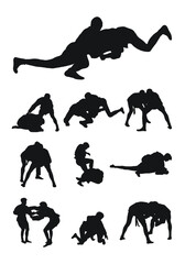 Sketch image of a silhouettes of sambo athletes in sambo wrestling, combat sambo, duel, fight, jiu jitsu. Martial art, sportsmanship