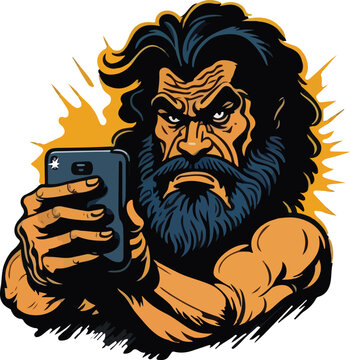 modern ape with smartphone t-shirt design, thick beard, modern day, concept