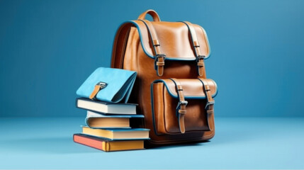 Backpack and books on a blue background. Back to school concept. Generative AI