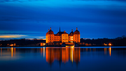 Fototapeta premium Moritzburg bei Nacht - Barockschloss - Schloss - Dresden - Wasserschloss - Jagdschloss - Barock - Castle - Saxony - Germany - Europe - High quality photo