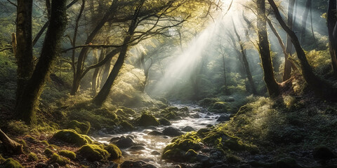 Forest stream and the rays of the sun illuminating the forest space through a light fog. Generative AI