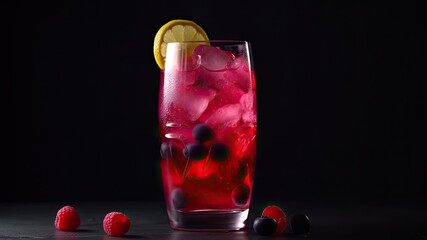 Mixed Berry Mocktail: A fruity mocktail made with mixed berries, lemon juice, simple syrup and garnished with mixed berries with copy space for your text created with generative AI technology