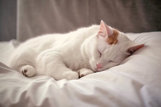 Sleeping white cat on white background. Generative ai image.