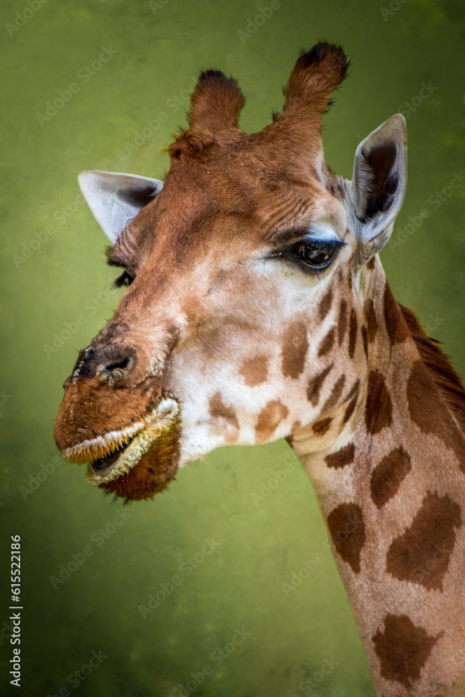 Wall mural beautiful portrait of a giraffe on a green background