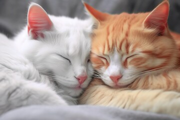 Sleeping red and white cats. Generative ai image.
