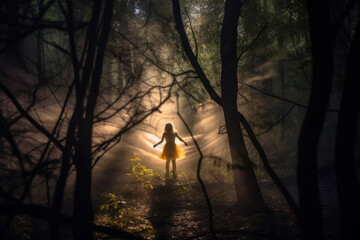 girl standing in the dark forest, Generative AI