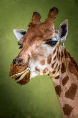 beautiful portrait of a giraffe on a green background